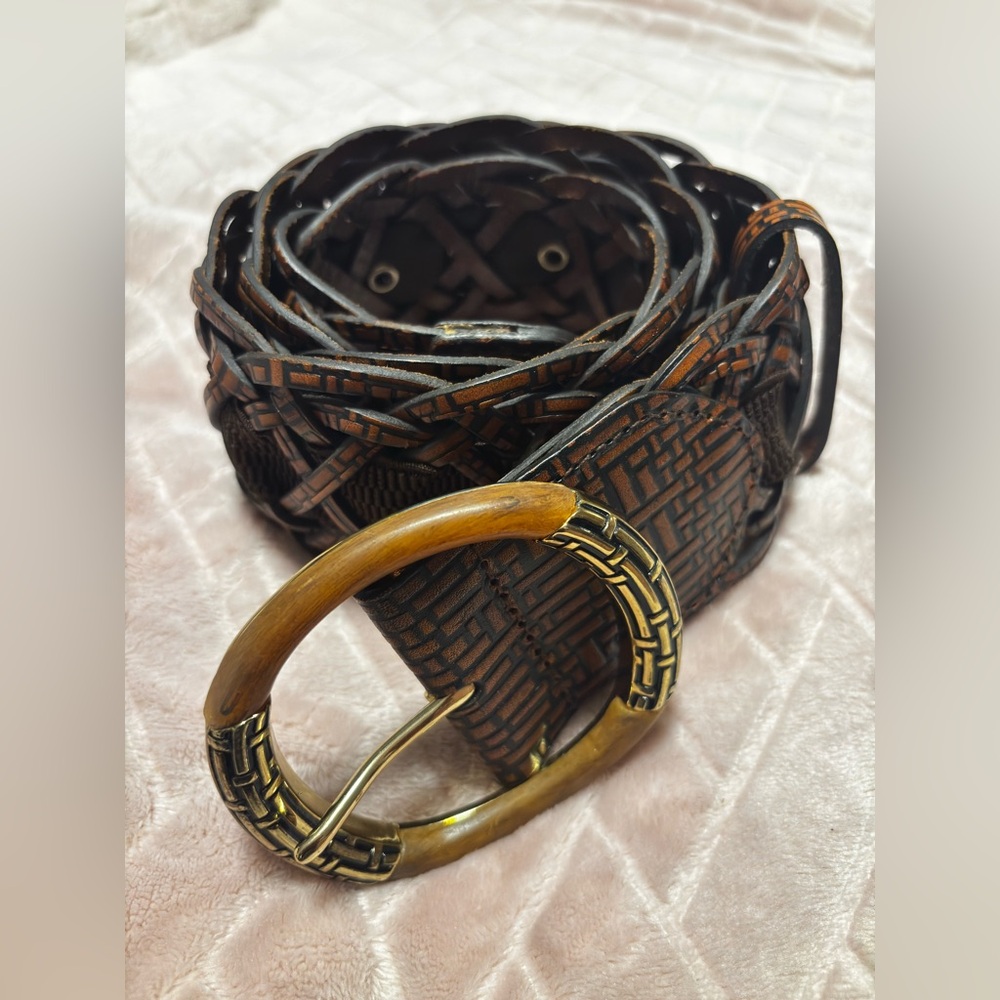 Chico's Gold Buckle Women's Woven Brown Belt Size Medium